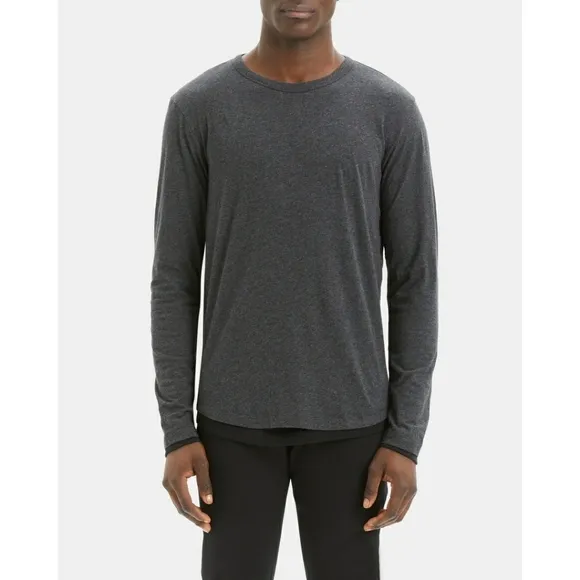 - NEW Theory Double Long-Sleeve Tee in Pima Cotton Charcoal Gray Heathered