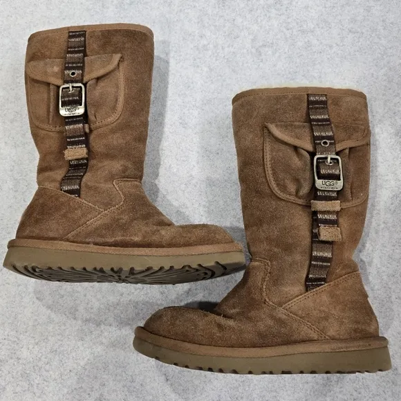 🐢 UGG Retro Cargo Winter Boots Little Girl Size 13 Brown Leather Sheepskin. VGC