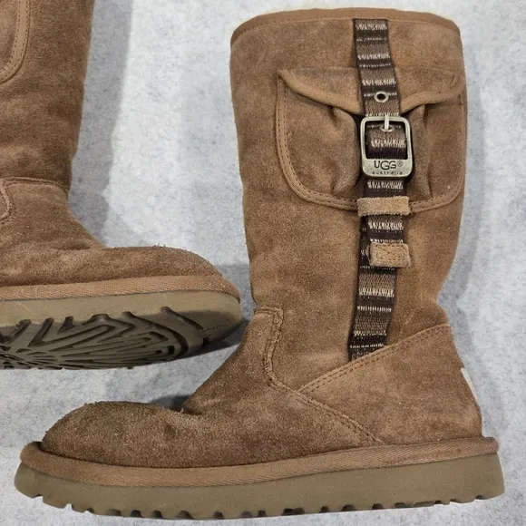 🐢 UGG Retro Cargo Winter Boots Little Girl Size 13 Brown Leather Sheepskin. VGC