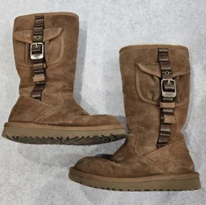 🐢 UGG Retro Cargo Winter Boots Little Girl Size 13 Brown Leather Sheepskin. VGC