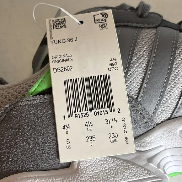 Adidas Yung-96 Juniors Size 5 Gray Pink Green Shoes Sneakers New!