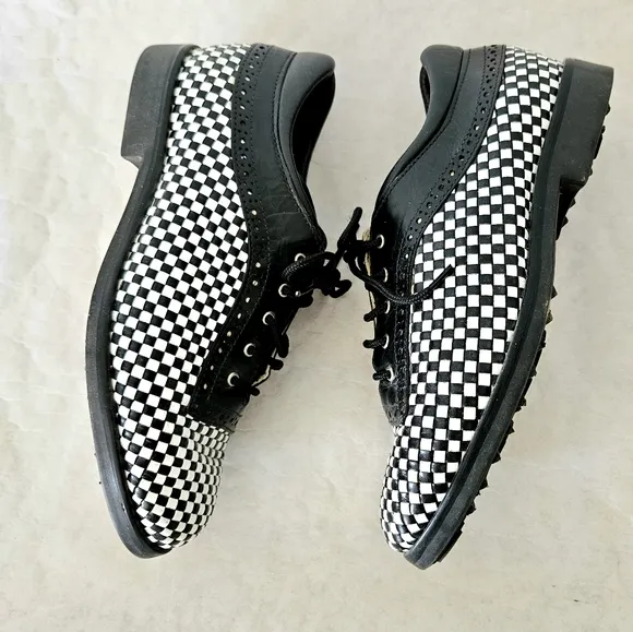 Aerogreen Golf Shoes Black White Check Leather Women's