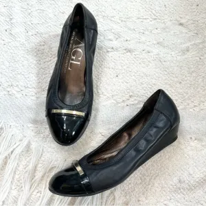 AGL Attilio Giusti Leombruni Shoes Black Leather Cap Toe Wedge Heel Shoes 8.5