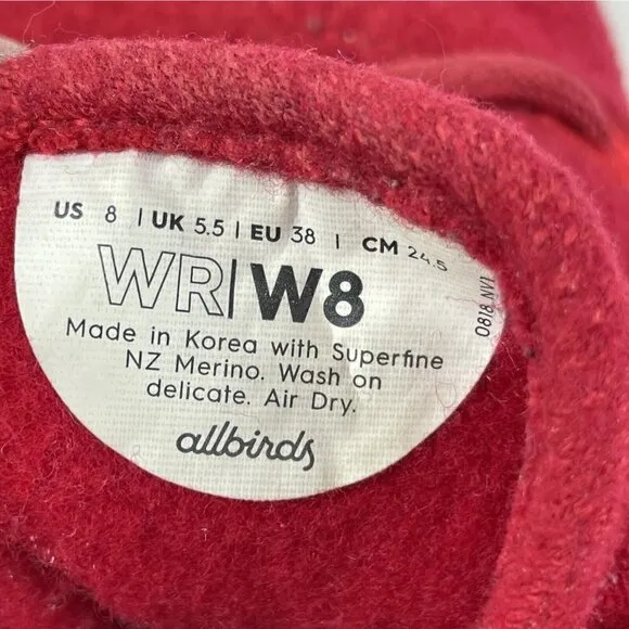 Allbirds Wool Runners Shoes 8 Red Merino Lace Up Sneakers Womens