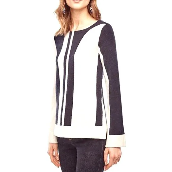 Ann Taylor Womens Striped Block Style Sweater Small Navy  White Wool Alpaca Blen