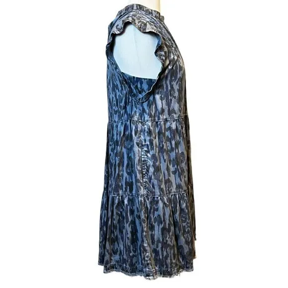 ANTHROPOLOGIE Jenee Tiered Flutter Sleeve Tunic Dress Boho Abstract Blue Print