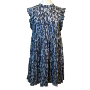 ANTHROPOLOGIE Jenee Tiered Flutter Sleeve Tunic Dress Boho Abstract Blue Print