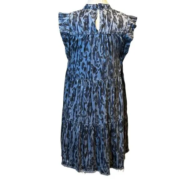 ANTHROPOLOGIE Jenee Tiered Flutter Sleeve Tunic Dress Boho Abstract Blue Print
