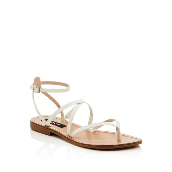 AQUA Womens White Strappy Sand Round Toe Block Heel Leather Thong Sandals 5.5 M