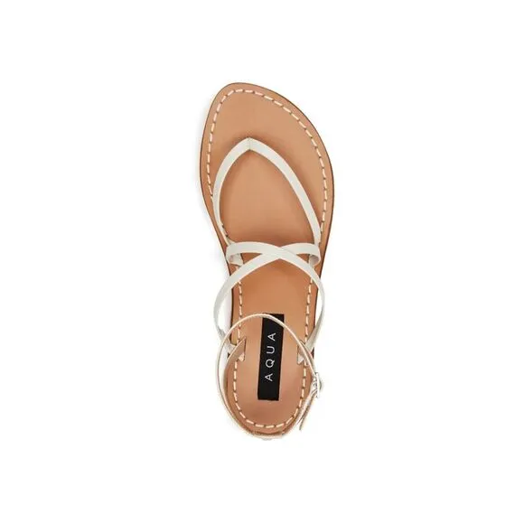 AQUA Womens White Strappy Sand Round Toe Block Heel Leather Thong Sandals 5.5 M