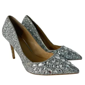 Badgley Mischka Jewel Heels Ulyana Crystal Glitter Bridal Shoes Silver 9.5