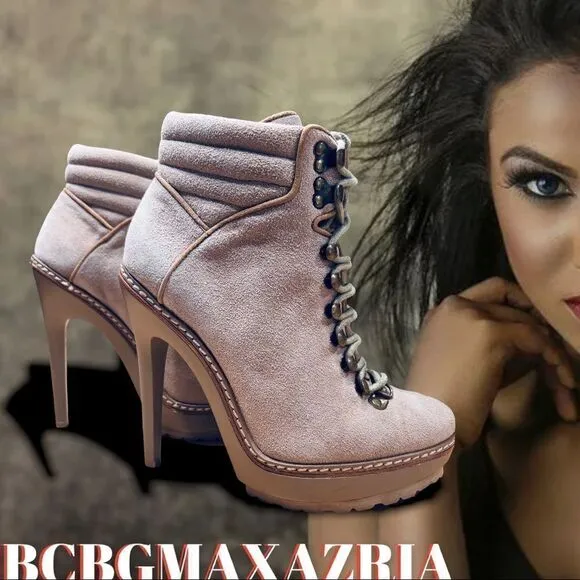 BCBGMAXAZRIA Beige Suede BCBG Max Azria Stiletto Boot 6.5 Leather Suede Lace Up