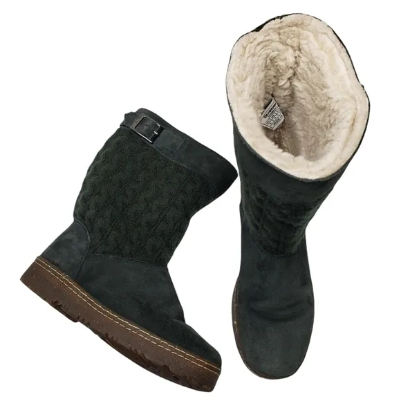 BearPaw | Candice Green Cable Knit Suede Wool Lined Winter Boots Women's 5