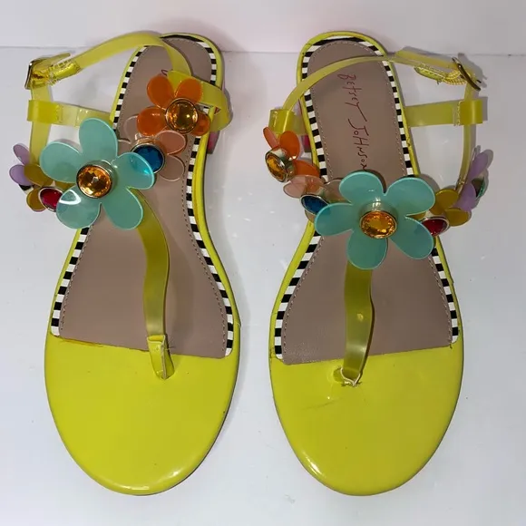 Betsey Johnson Yellow Alanni Sandals w/ Rhinestone Flower Embellishments Size 7