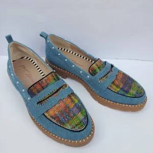 Betsy Johnson Halliee Denim W/ Multicolor Rhinestone &amp; Pearl Detail Loafers Sz 8