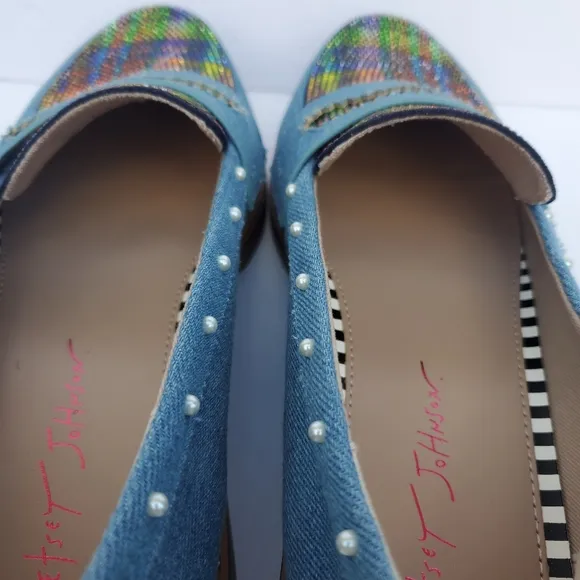 Betsy Johnson Halliee Denim W/ Multicolor Rhinestone &amp; Pearl Detail Loafers Sz 8