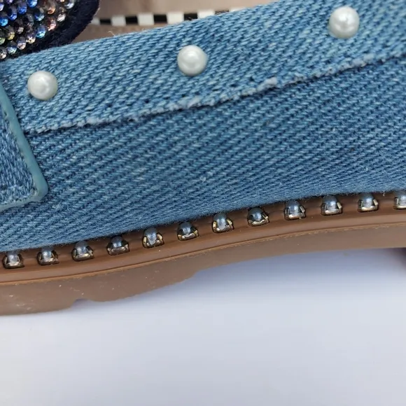 Betsy Johnson Halliee Denim W/ Multicolor Rhinestone &amp; Pearl Detail Loafers Sz 8
