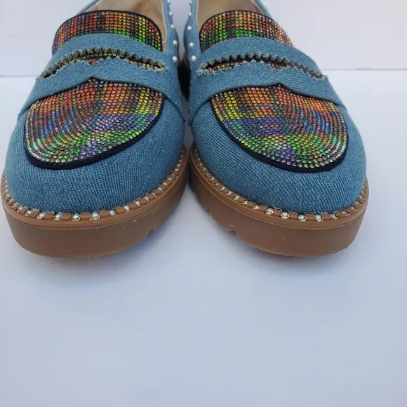 Betsy Johnson Halliee Denim W/ Multicolor Rhinestone &amp; Pearl Detail Loafers Sz 8