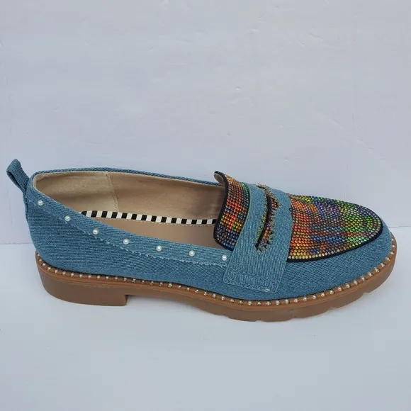 Betsy Johnson Halliee Denim W/ Multicolor Rhinestone &amp; Pearl Detail Loafers Sz 8