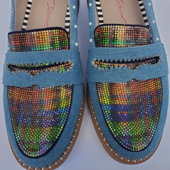 Betsy Johnson Halliee Denim W/ Multicolor Rhinestone &amp; Pearl Detail Loafers Sz 8