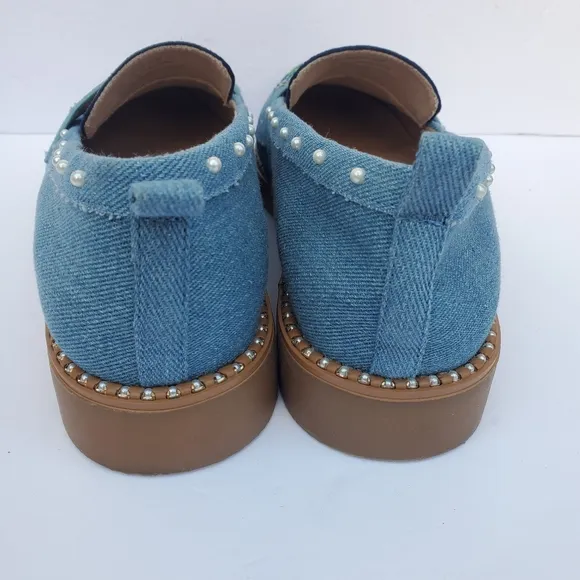 Betsy Johnson Halliee Denim W/ Multicolor Rhinestone &amp; Pearl Detail Loafers Sz 8