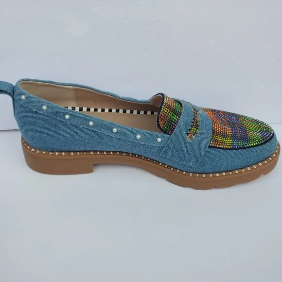 Betsy Johnson Halliee Denim W/ Multicolor Rhinestone &amp; Pearl Detail Loafers Sz 8