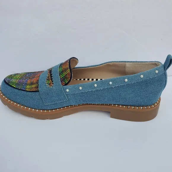 Betsy Johnson Halliee Denim W/ Multicolor Rhinestone &amp; Pearl Detail Loafers Sz 8