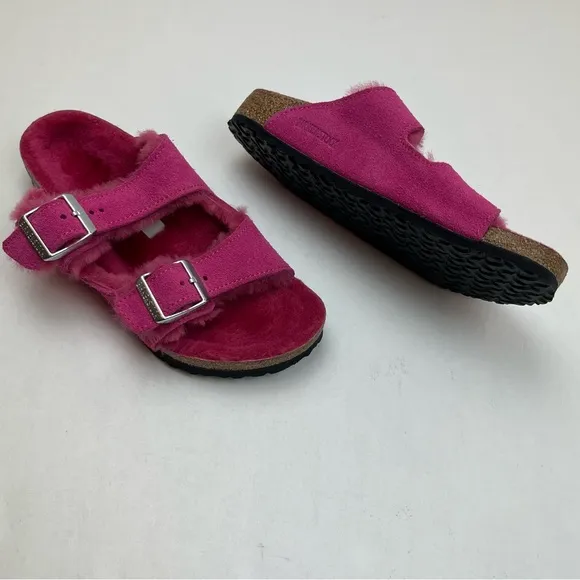 Birkenstock‎ Arizona Shearling Kid Suede Leather Fuchsia Tulip Pink Size 34 NWOT