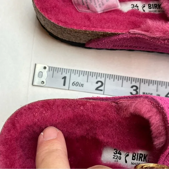 Birkenstock‎ Arizona Shearling Kid Suede Leather Fuchsia Tulip Pink Size 34 NWOT