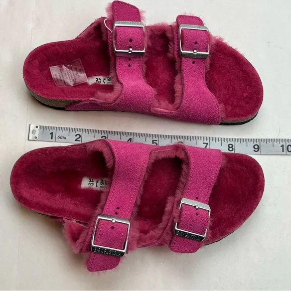 Birkenstock‎ Arizona Shearling Kid Suede Leather Fuchsia Tulip Pink Size 34 NWOT