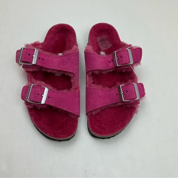 Birkenstock‎ Arizona Shearling Kid Suede Leather Fuchsia Tulip Pink Size 34 NWOT