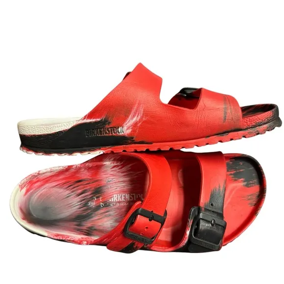 Birkenstock Eva Arizona Red Black Rubber Sandals Size 11 (45) Painted Marbled