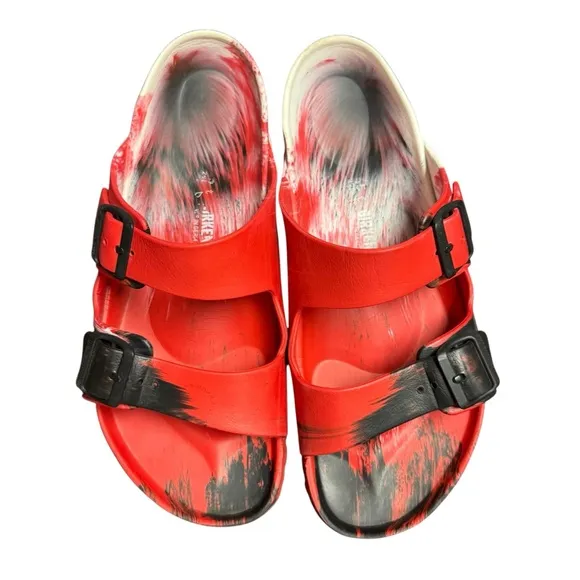 Birkenstock Eva Arizona Red Black Rubber Sandals Size 11 (45) Painted Marbled
