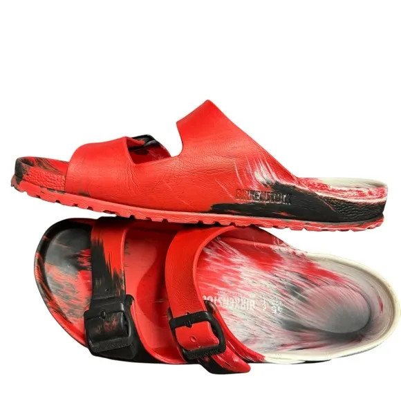Birkenstock Eva Arizona Red Black Rubber Sandals Size 11 (45) Painted Marbled
