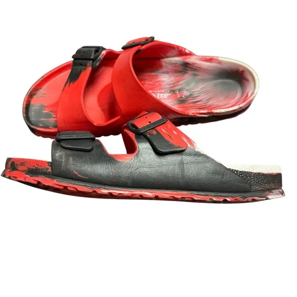 Birkenstock Eva Arizona Red Black Rubber Sandals Size 11 (45) Painted Marbled
