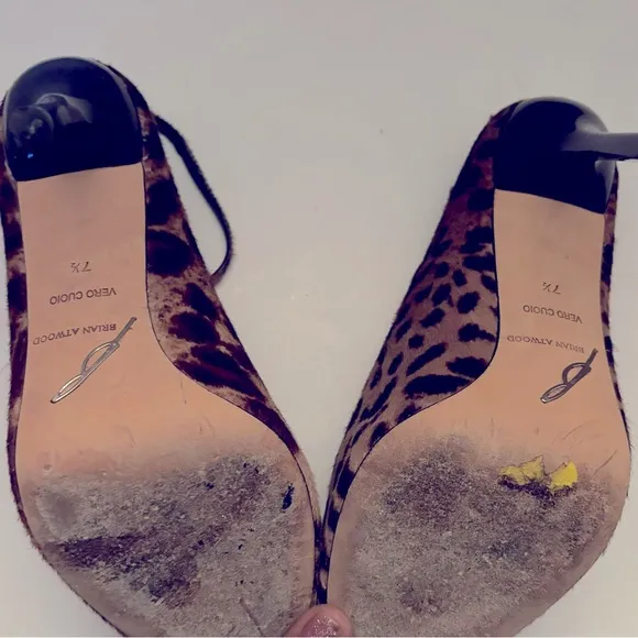 BRIAN ATWOOD Liese Leopard calf hair shoe brown bl ankle strap stiletto size 7.5