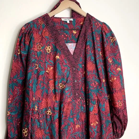 Celina Moon Myrna Merlot Long Sleeve Floral Maxi Dress Womens Large