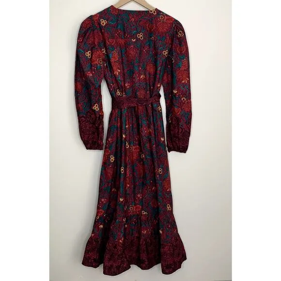Celina Moon Myrna Merlot Long Sleeve Floral Maxi Dress Womens Large