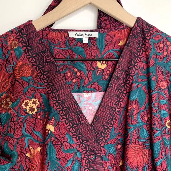Celina Moon Myrna Merlot Long Sleeve Floral Maxi Dress Womens Large