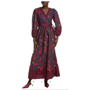 Celina Moon Myrna Merlot Long Sleeve Floral Maxi Dress Womens Large
