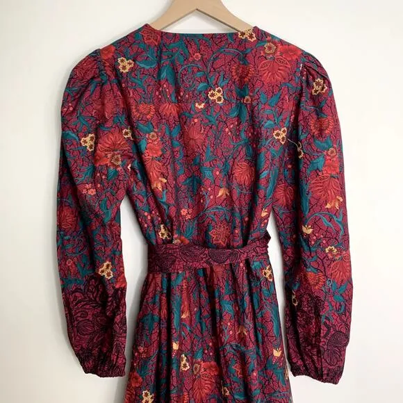 Celina Moon Myrna Merlot Long Sleeve Floral Maxi Dress Womens Large