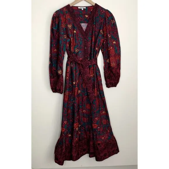 Celina Moon Myrna Merlot Long Sleeve Floral Maxi Dress Womens Large