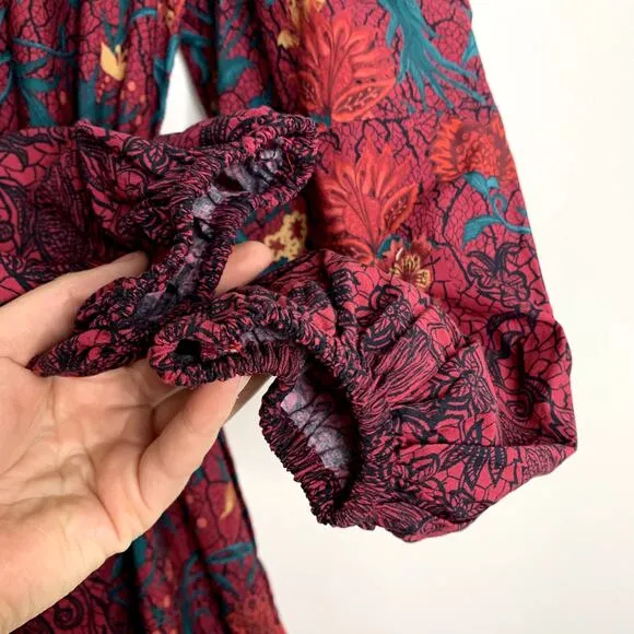 Celina Moon Myrna Merlot Long Sleeve Floral Maxi Dress Womens Large