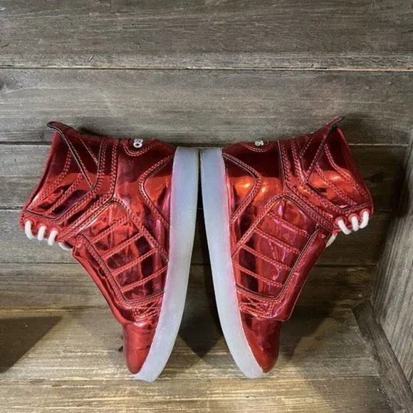 Childrens Kids Osiris Skyrise Red Shiney Light‎ Up Shoes Sneakers Size 2 Y EUC