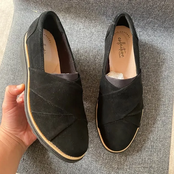CLARKS Collections Black Suede Flatform Loafer Shoes