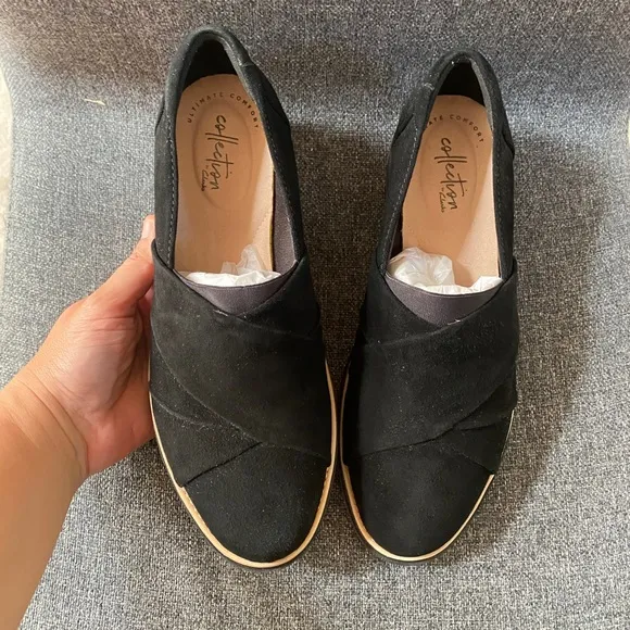 CLARKS Collections Black Suede Flatform Loafer Shoes