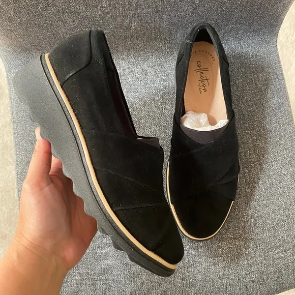 CLARKS Collections Black Suede Flatform Loafer Shoes
