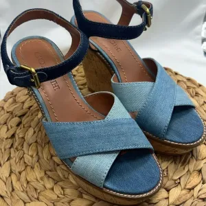 COACH Light Wash Denim Crisscross Straps Cork Wedge Sandals Casual Level Up 6.5B