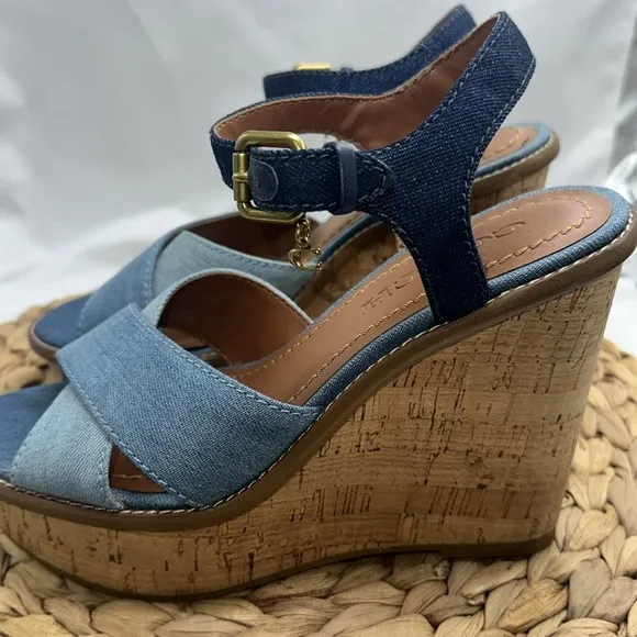 COACH Light Wash Denim Crisscross Straps Cork Wedge Sandals Casual Level Up 6.5B