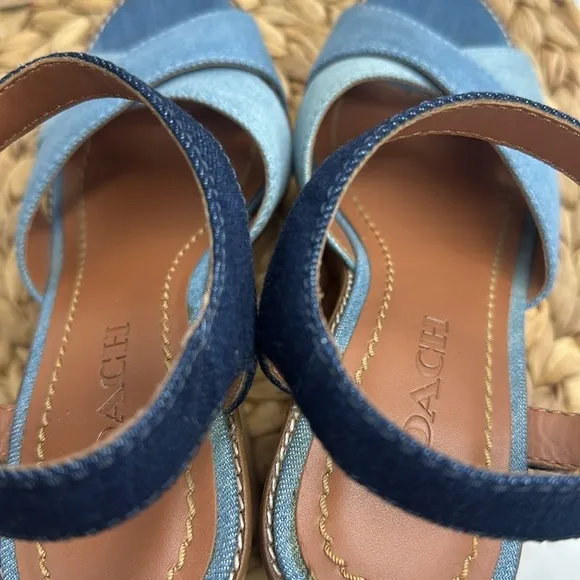 COACH Light Wash Denim Crisscross Straps Cork Wedge Sandals Casual Level Up 6.5B